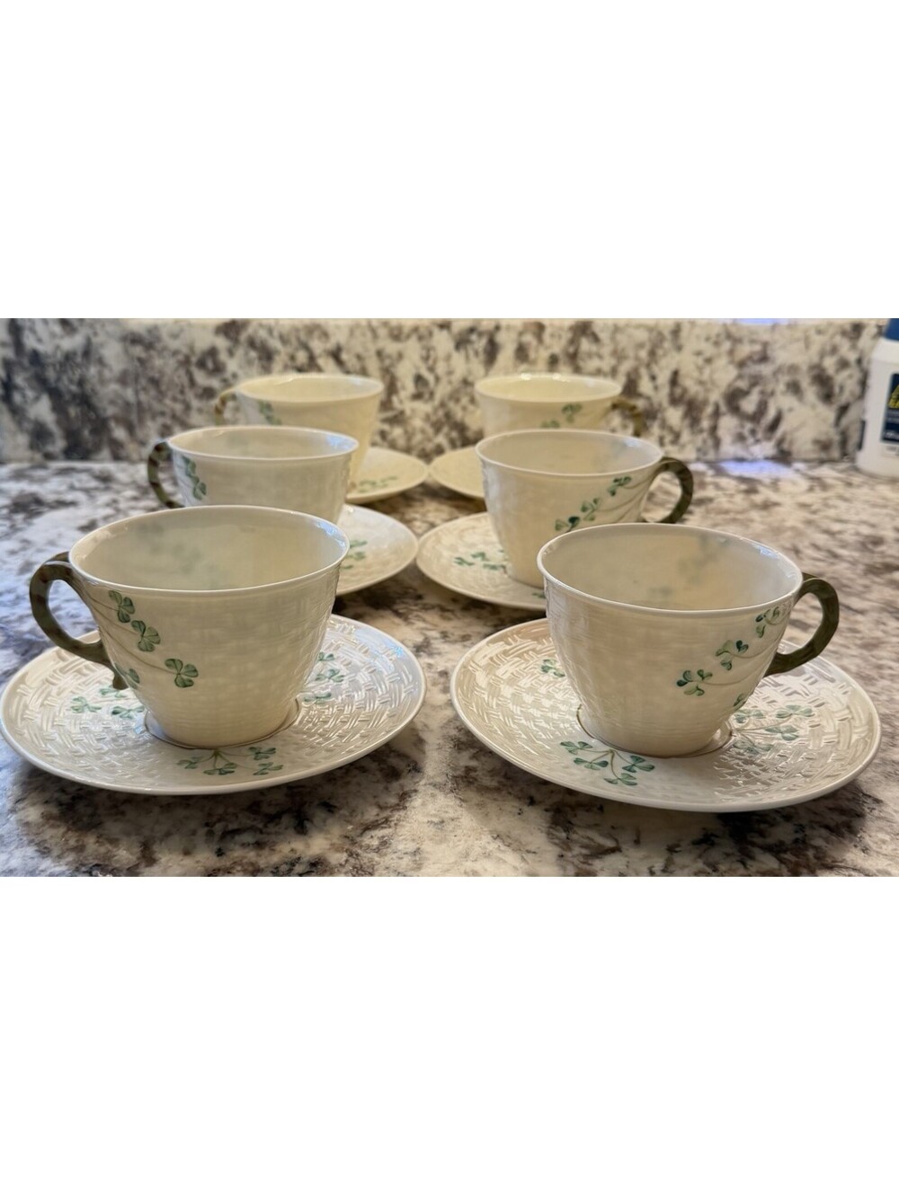 Belleek Ireland Shamrock Basketweave Cup Saucer Set Of 6